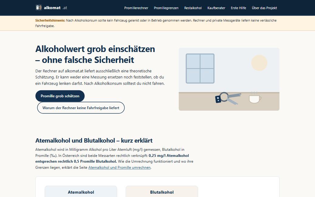 Startseite von alkomat.at mit Sicherheitshinweis über dem Inhalt und der Überschrift „Alkoholwert grob einschätzen – ohne falsche Sicherheit"