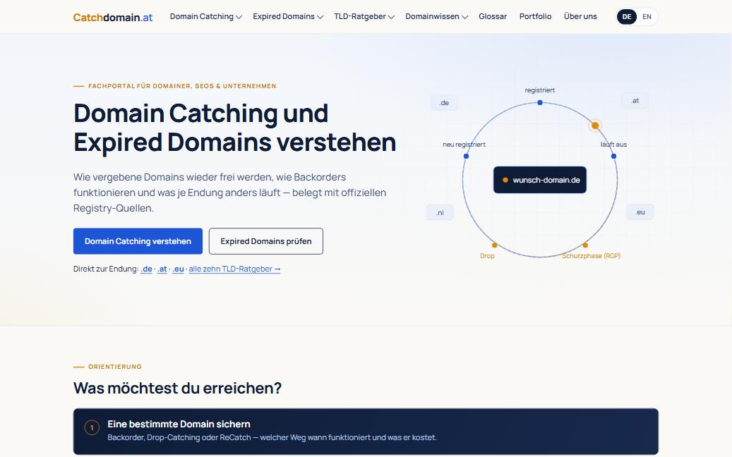Startseite von catchdomain.at mit der Überschrift „Domain Catching und Expired Domains verstehen" und einer Grafik zum Lebenszyklus einer Domain