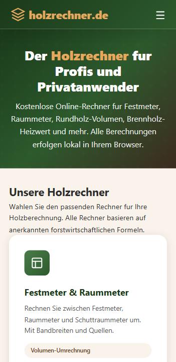 holzrechner.de auf einem schmalen Bildschirm, Rechner untereinander gestapelt