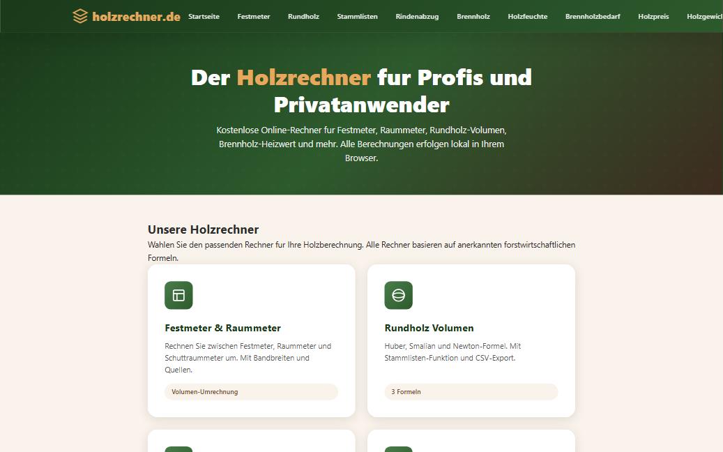 Startseite von holzrechner.de mit der Überschrift „Der Holzrechner für Profis und Privatanwender" und der Auswahl der einzelnen Rechner