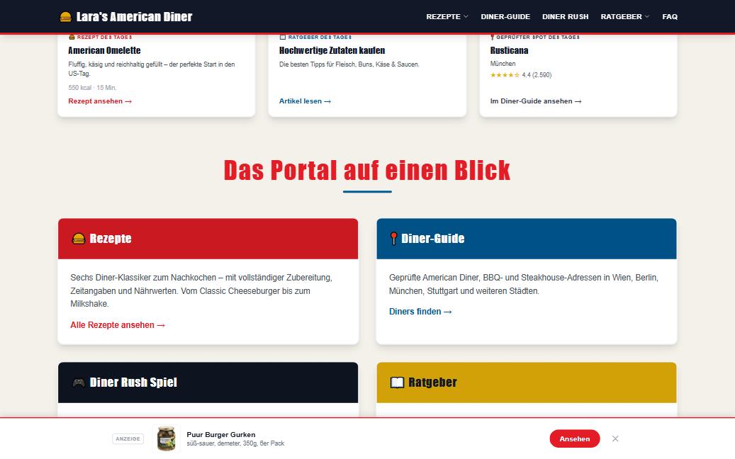Inhaltsbereich von laras-american-diner.de mit der Erklärung des Portals