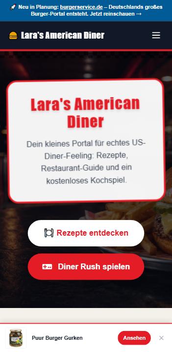 laras-american-diner.de auf einem schmalen Bildschirm