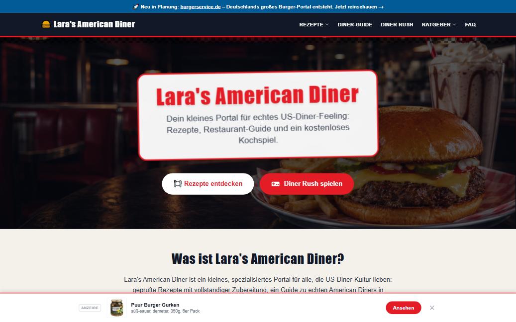 Startseite von laras-american-diner.de mit Diner-Motiv und den Einstiegen „Rezepte entdecken" und „Diner Rush spielen"
